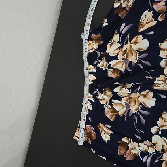 Fancy Pleated Palazzo Pants Blue Cream Flowers Wide Leg Elastic Waistband Med. - Picture 9 of 11